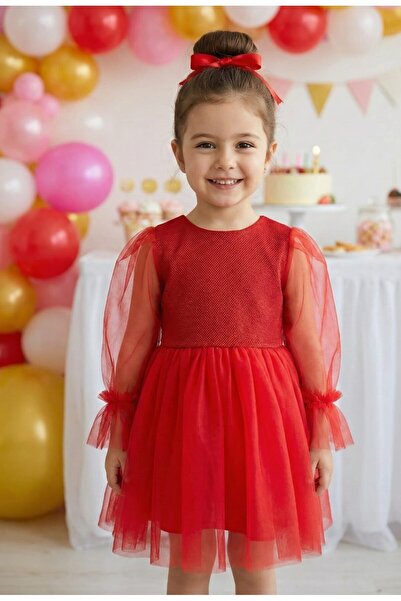 penu baby kids Red Long Tulle Sleeve Detailed Tutu Baby Girl Dress