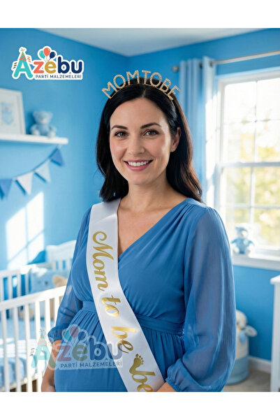 Azebu Mom To Be TaşlıTaç Ve Kuşak & Baby Shower Set & Beyaz Altın Kuşak Taşlı Altın Taç