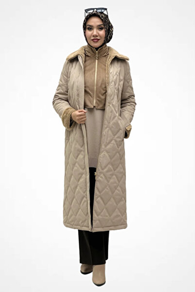 Zühre Quilted Coat with Plush Collar and Sleeve Detail 13960