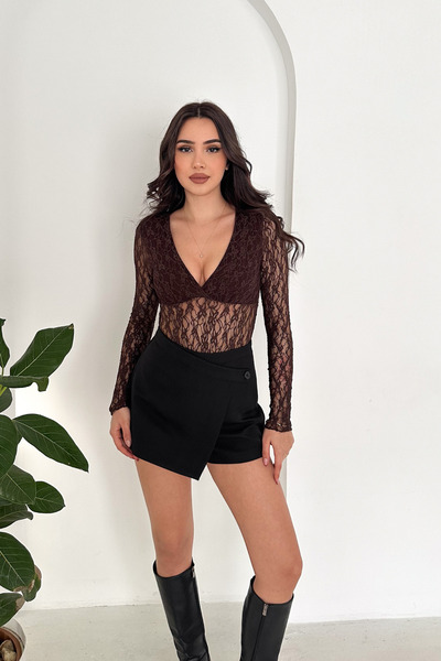MİROR Lace V-Neck Long Sleeve Snap Women's Bodysuit