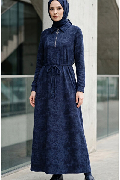 sefamerve Shirt Collar Zippered Lace-Up Modal Dress 0235-03 Navy Blue