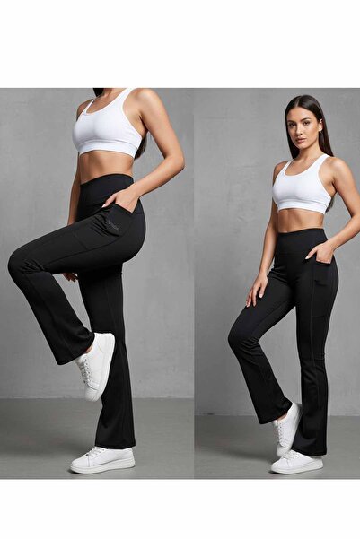 VYNOR Pantaloni negri pentru femei talie înaltă efect modelator evazat Pantal...