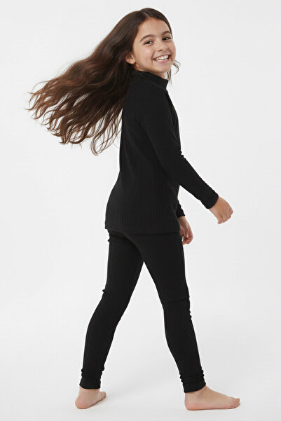 TOFİSA Set negru cu material reiat nervuri pentru fetiță - 28104-BLACK