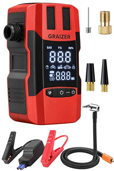 Graizer 12000 Mah Akü Takviye Cihazi + Lastik Şişirme Hava Kompresörü Lcd Ekr...