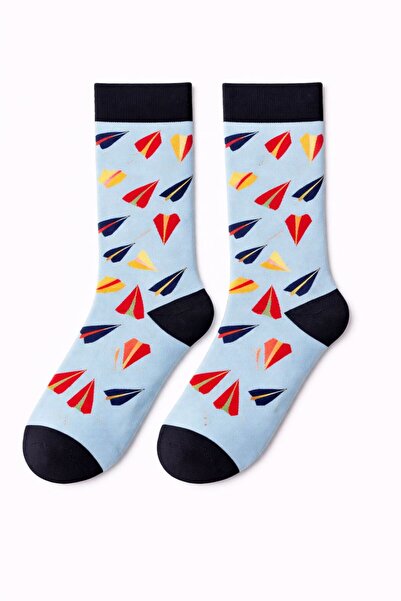 SOLDE SOCKS Men's Cotton Casual Socks – Airplane Pattern, Light Blue Backgrou...