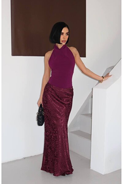 SEVENLINE Women's Patterned Satin Look Elastic Waist High Waist Maxi Skirt