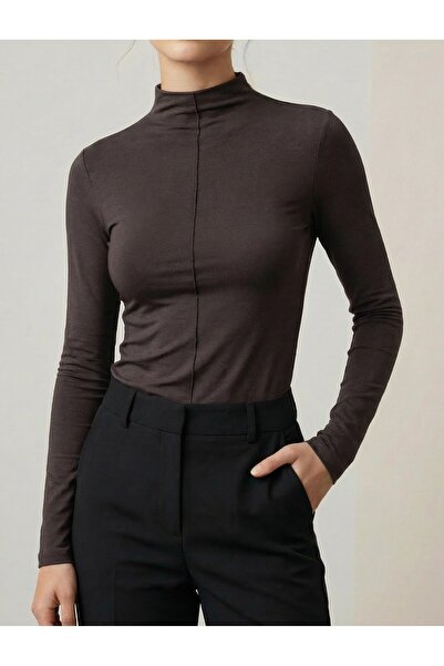 MELA ROSSA Women's Dark Brown Modal Rib Fabric Mock Neck Long Sleeve Blouse w...
