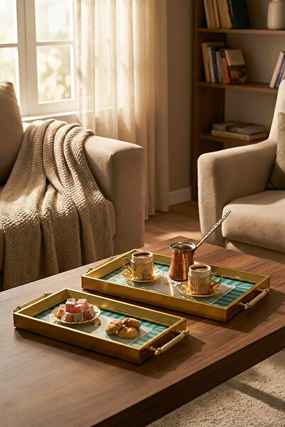 Porsima 4391 طقم صواني تقديم مستطيلة مزخرفة مكون من قطعتين - صينية تقديم للشا...