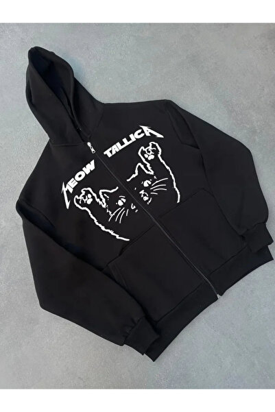 Butik Winter Printed Zippered Hooded Cardigan - Black