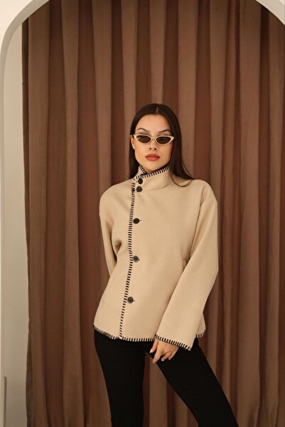 DERELİ Dikiş Detaylı Düğmeli Kaşe Bej Panço