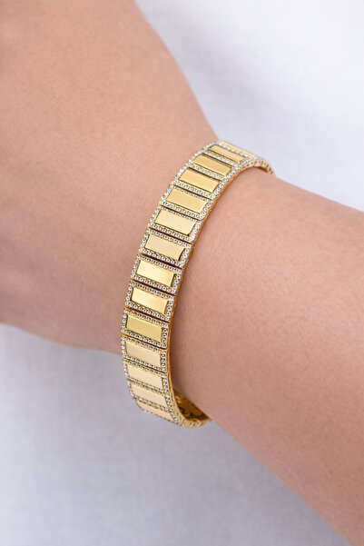femline سوار نسائي بمشبك مستطيل الشكل مرصع بالأحجار اللامعة ذات اللون الذهبي