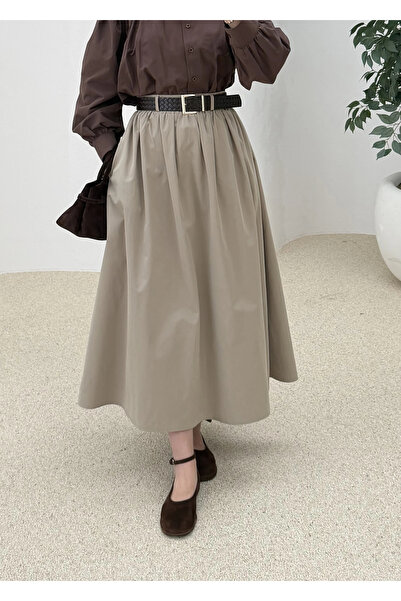 MODA AKSA 1273 KEMERLİ BÜZGÜLÜ ETEK BEJ