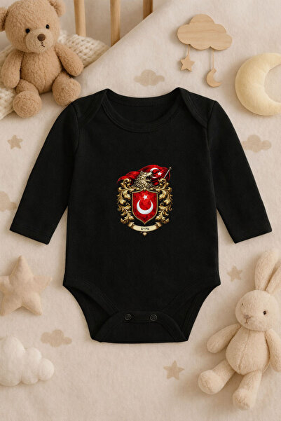 MODA Turkish Bozkurt Göktürkçe Kurt Printed Cotton Long Sleeve Baby Black Bod...