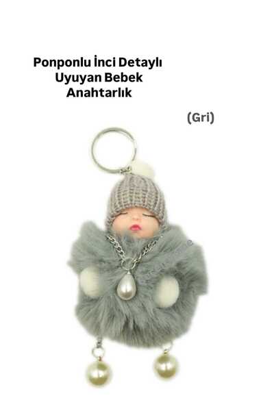 ÇEÇEN HOME (1 Piece) Pearl Detailed Feather Pompom Plush Sleeping Doll Keycha...