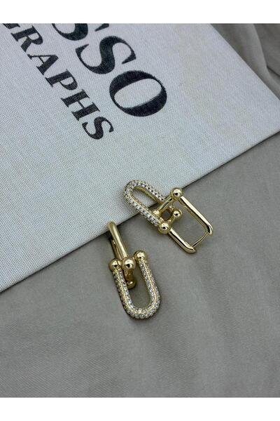 Hedef Bijuteri Gold Color Tfny Lock Detailed Zircon Stone Dangle Earrings Cm71