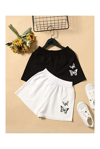 Machetta Children's Butterfly Printed Black-White Summer 2-Piece Shorts