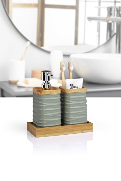 Okyanus Home Green Bamboo Liquid Soap Dispenser and Toothbrush Holder Set