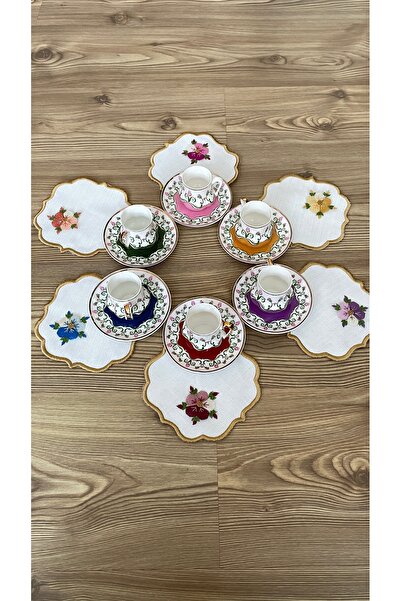 Acurmans İğne oyası 6 lı ( 14x14 Ortanca model ) Gardenya Keten Kahve Yanı Su...