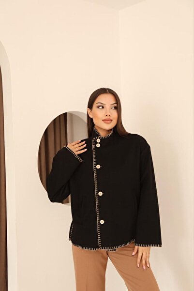 DERELİ Dikiş Detaylı Düğmeli Kaşe Siyah Panço