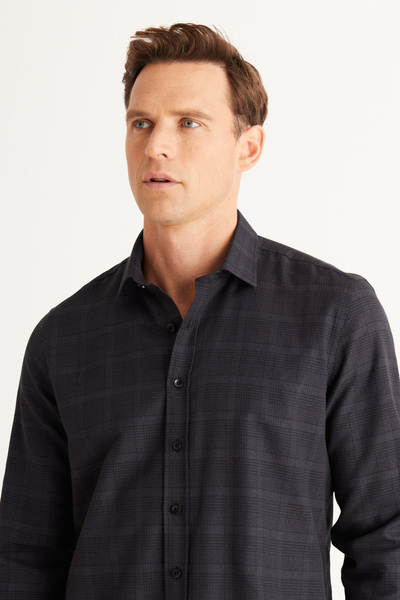 ALTINYILDIZ CLASSICS Black Slim Fit Slim Fit Classic Collar Cotton Checkered ...