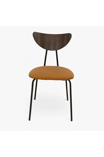 concent A chair with a wooden back and luxurious brown leather seat.