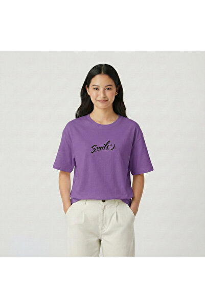 BUWOM تي شيرت نسائي من Smile مطبوع برقبة دائرية