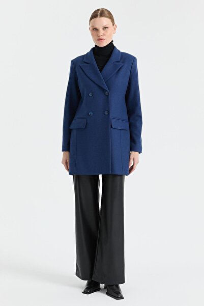 Esswaap Kruvaze Kapamalı Kaşe Ceket İndigo