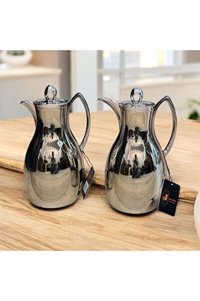 aljahwari 2-piece thermos set, matte silver finish on a wooden base, glass in...