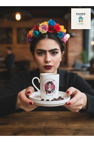 KACHKIRHOME Porselen Türk Kahvesi 6 lı Fincan Takımı Frida Baskılı Hediye Sun...