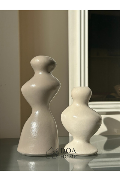 DOAHOMECONCEPT 2'li Asimetrik Modern Dalgalı Şamdan Mumluk Biblo Vizon-Bej