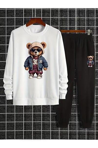 Massgai Unisex Eyewear Bear Printed Crew Neck Oversized Bottom-Top Jogger Cot...