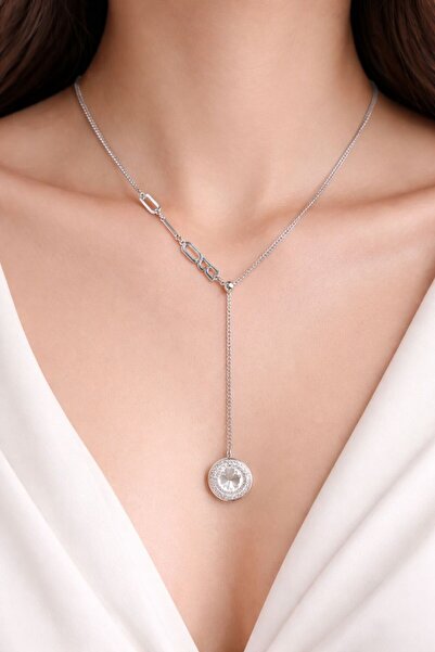 stainless steell Kadın Gümüş Renk Zirkon Taşlı Marka Yazılı Yonca Çelik Kolye