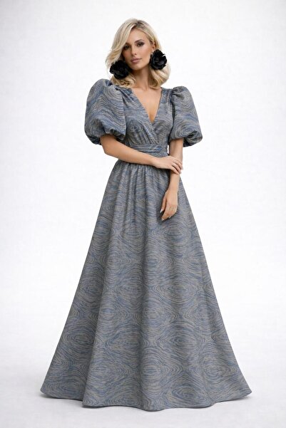 ALYEL NAKER Double-Breasted Brocade Maxi Dress with Closed Sleeves & Watermel...