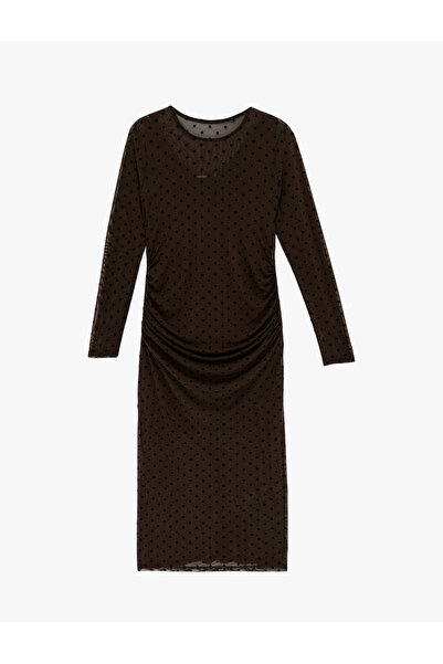 Koton Long Sleeve Slim Fit Crew Neck Draped Polka Dot Midi Tulle Dress