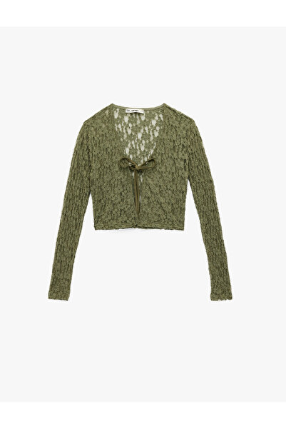 Koton Long Sleeve V-Neck Tie-Up Detail Bow Lace Cardigan