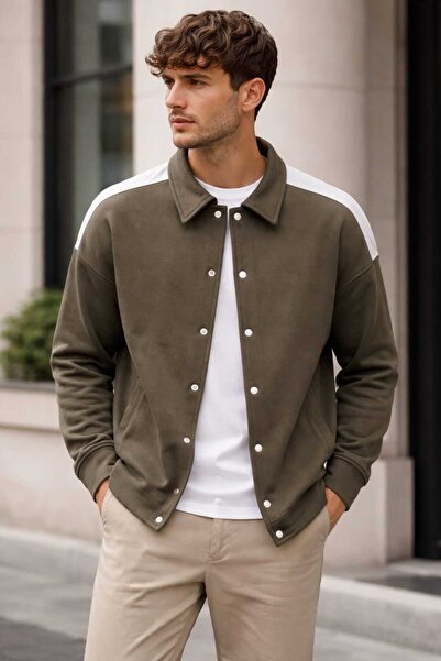 pi fashion Men's Oversized Snap Button Shirt Collar Jacket