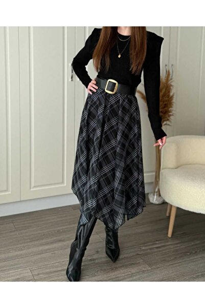 YEK&BİR Plaid Patterned Elastic Chiffon Skirt with Inner Lining