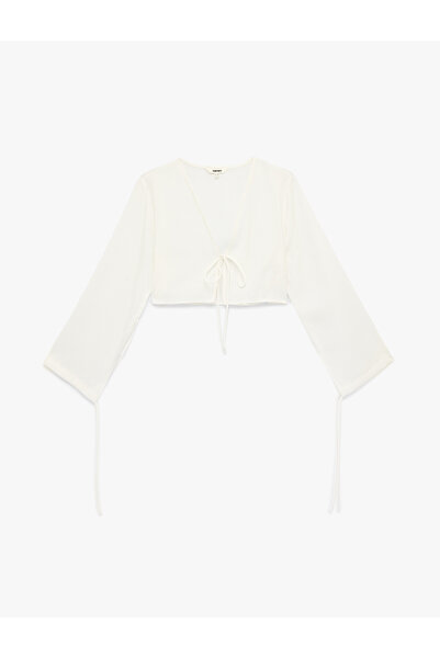 Koton Modal V-Neck Long Sleeve Tie-Up Crop Blouse