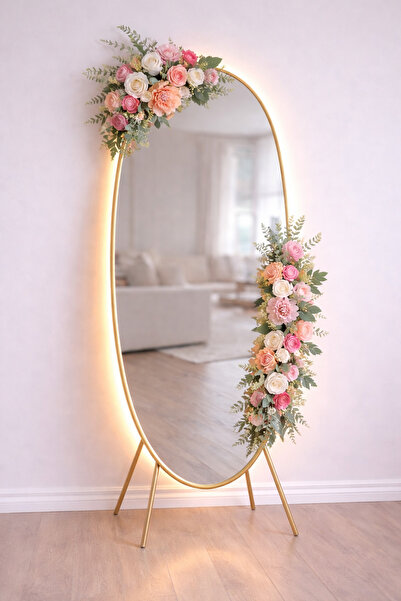 HOOMEE Led Işıklı Gold Ayaklı Dekoratif Boy Aynası Özel Tasarım Çiçek Detaylı