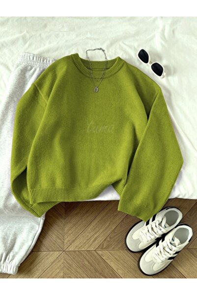 TUMA Kadın Yağ Yeşili Bisiklet Yaka Oversize Triko Kazak, Kadın Kazak Tuma1978