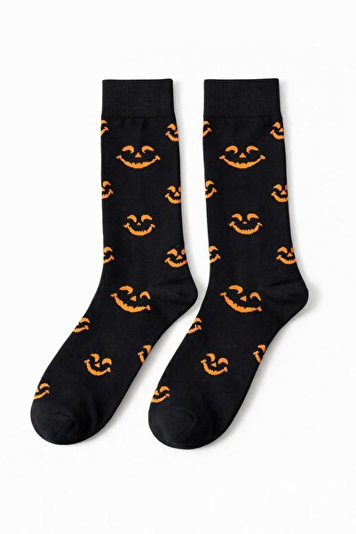 SOLDE SOCKS Men's Cotton Casual Socks – Smiling Face Pattern, Black/Orange De...