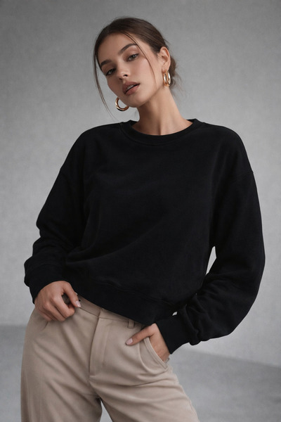 WILD BEE Hanorac oversize din bumbac negru interlock pentru femei