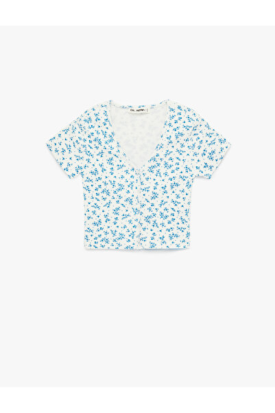 Koton Cotton Slim Fit V-Neck Short Sleeve Floral Crop T-Shirt