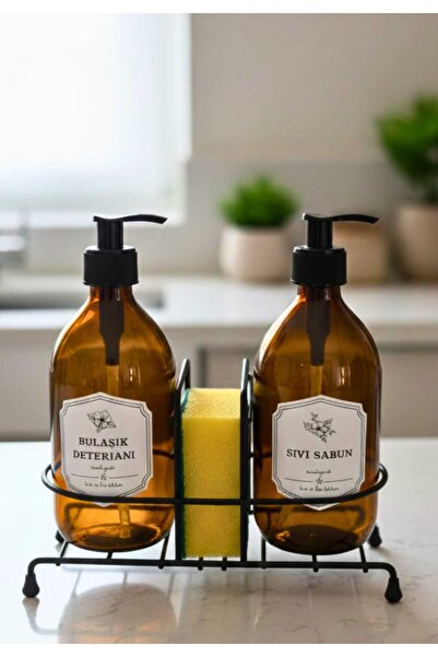 BRE HOME 2'li Metal Standlı Cam Bulaşık Süngerli Sıvı Sabunluk Mutfak ve Bany...