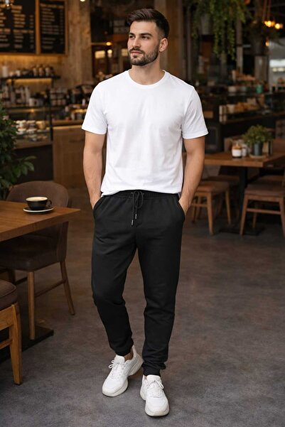 pi fashion Men's Elastic Waist Lace-Up Plain Black Sweatpants