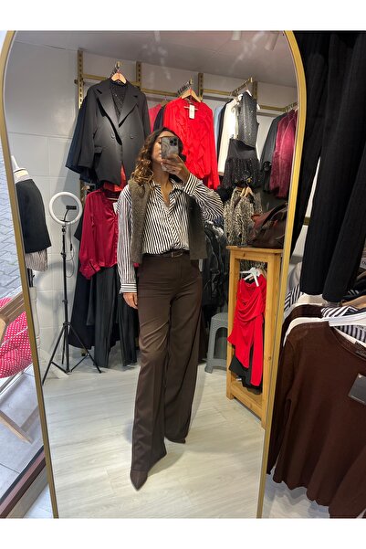 Butik Acı kahve yüksek bel palazzo kumaş pantolon