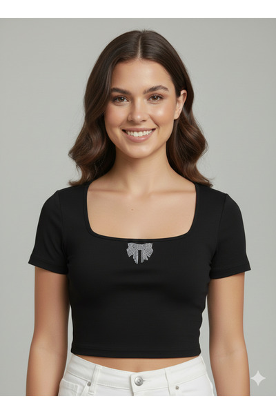 Bozz&Bozz Collection Women's Shiny Stone Bow Printed Square Neck, Short Sleev...