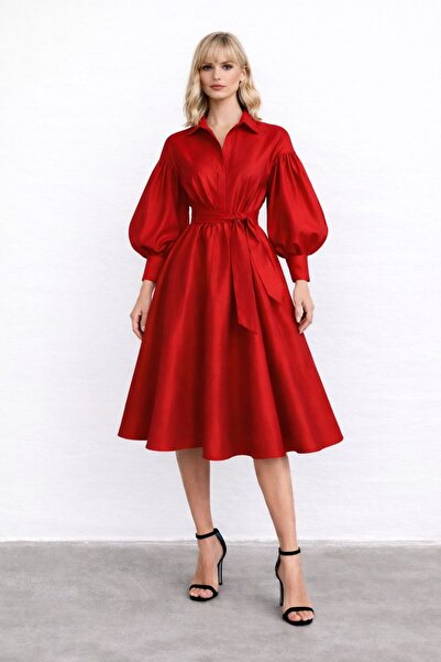 ALYEL NAKER Balon Kollu & Kuşaklı Midi boy Kırmızı Tafta Şık Gömlek Elbise