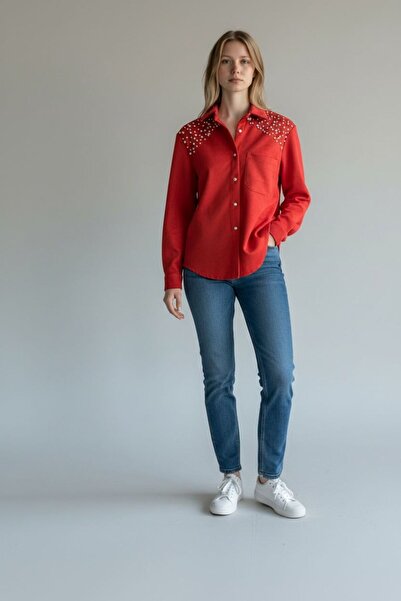 gzar Taş Detaylı Kırmızı Gömlek