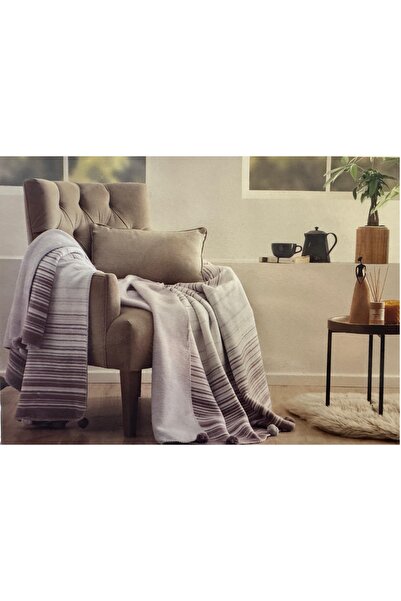 Özdilek بطانية قطنية مخططة مع بوم بوم 150 × 200 سم أرجواني